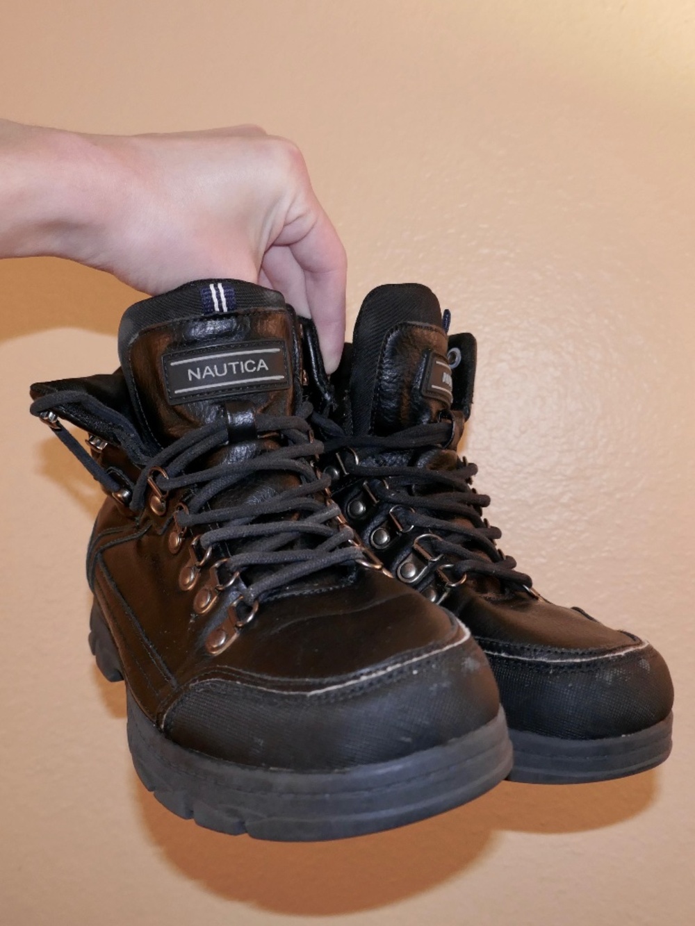 Nautica Solid Black Leather Workboots Hiking Boots women's 7.5